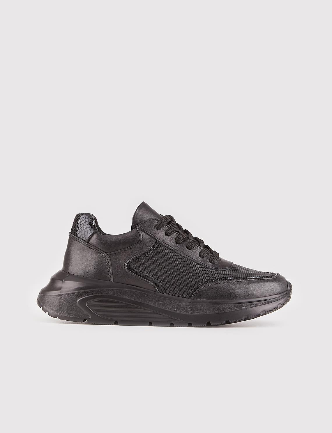 Genuine Leather Black Lace-up Women's Sneaker Sports Shoes
