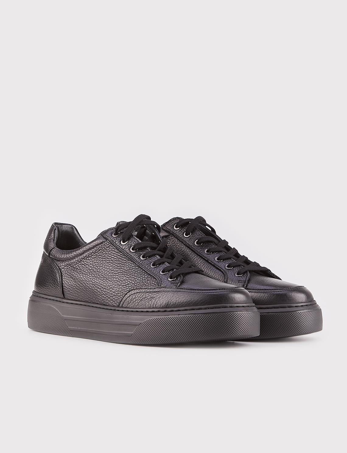 Genuine Leather Black Lace-up Polyurethane Sole Men's Athletic Shoes