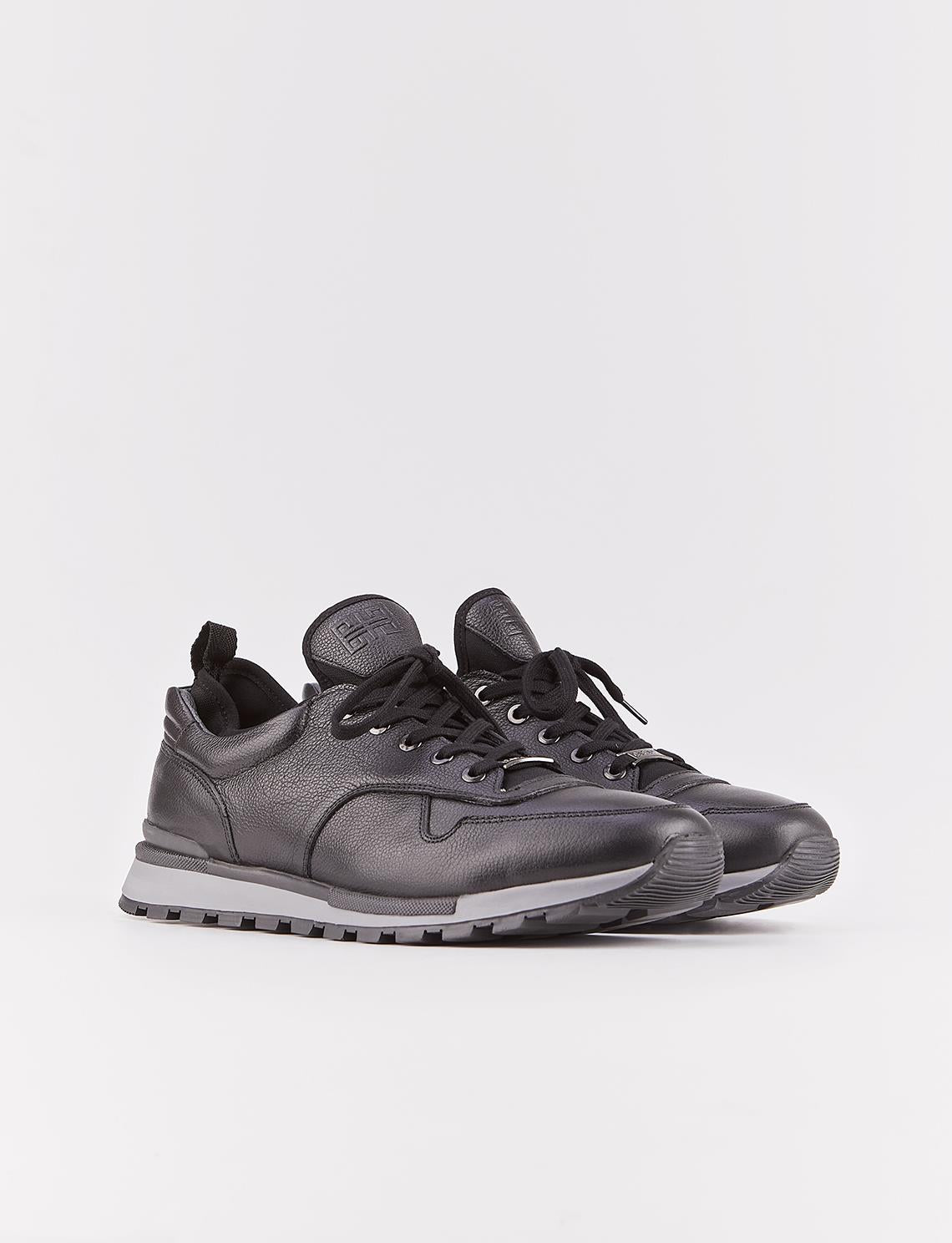 Genuine Leather Black Lace-Up Stretch Detail Men's Athletic Shoes