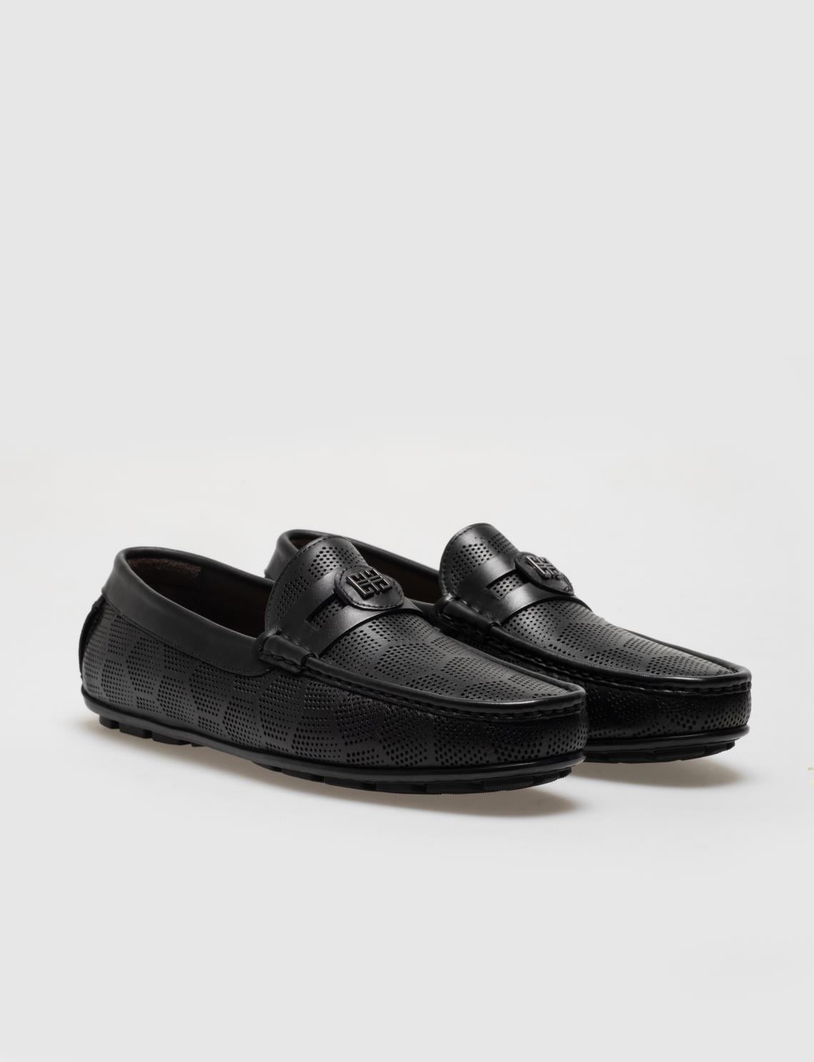 Genuine Leather Black Patterned Buckle Men's Loafer
