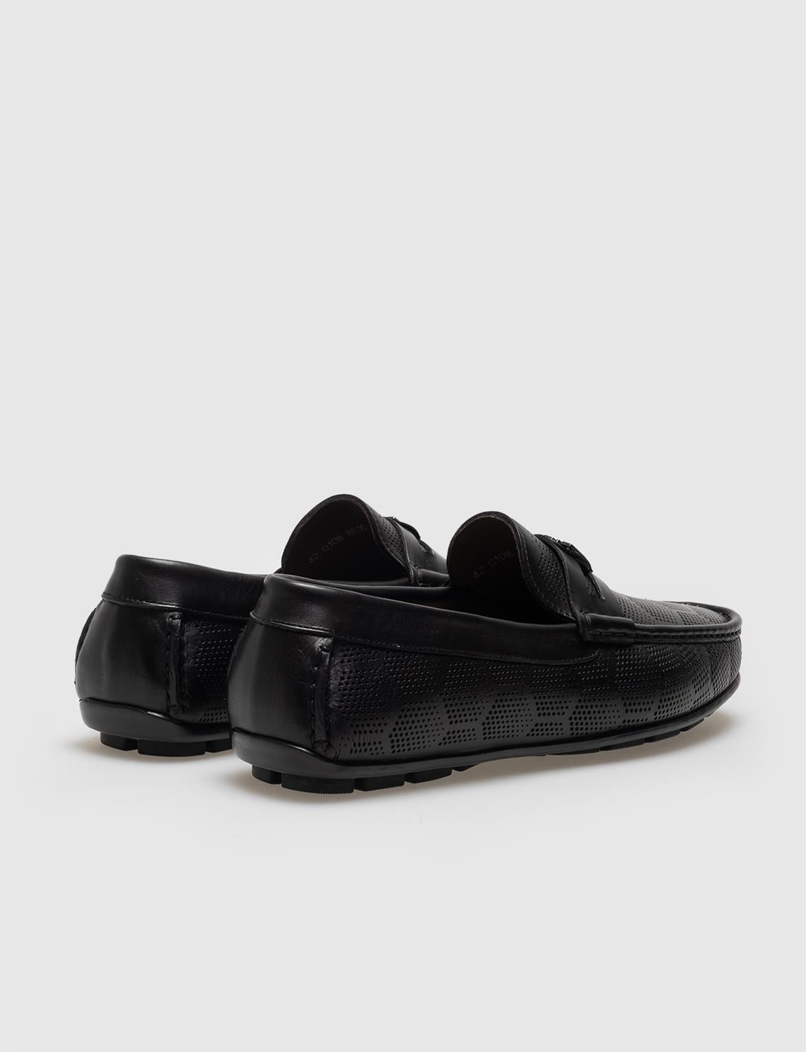 Genuine Leather Black Patterned Buckle Men's Laceless Loafer
