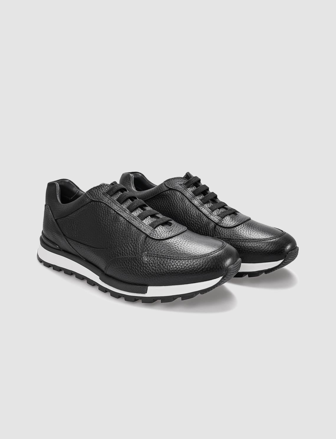 Genuine Leather Black and White Lace-up Men's Athletic Shoes (120021-2236)