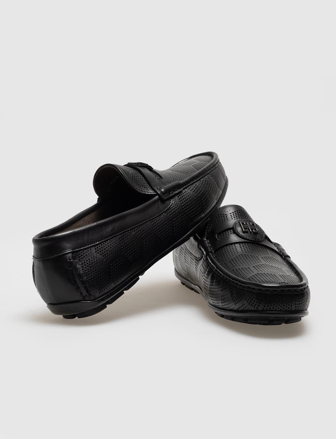 Genuine Leather Black Patterned Buckle Men's Laceless Loafer