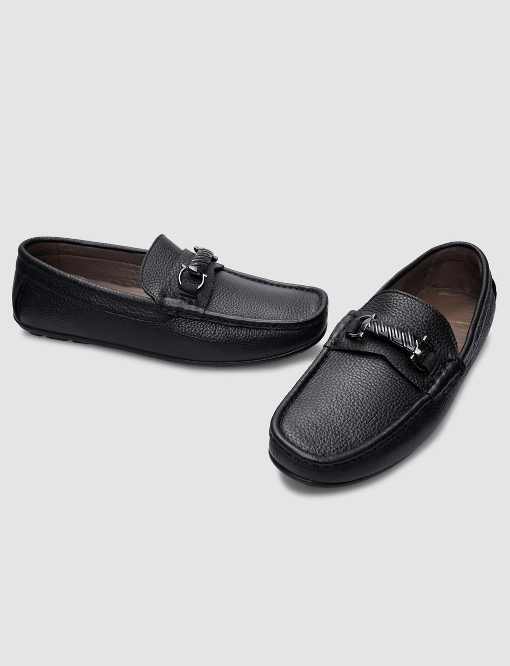 100% Genuine Leather Black Buckle Men's Loafer