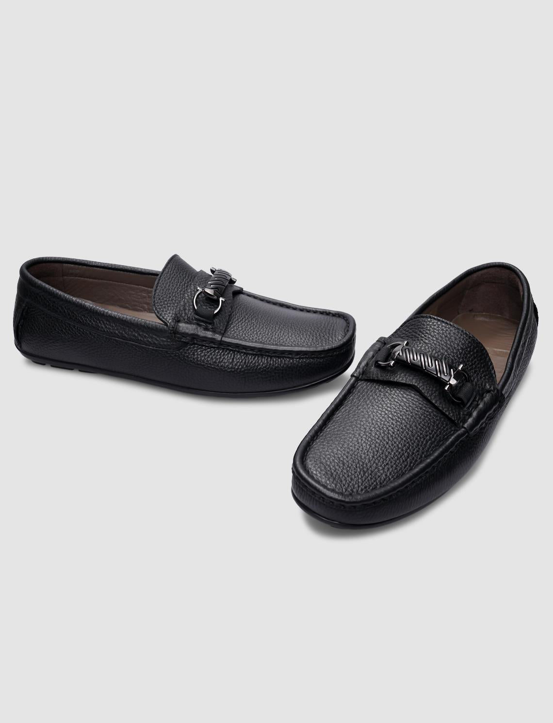100% Genuine Leather Black Buckle Men's Loafer