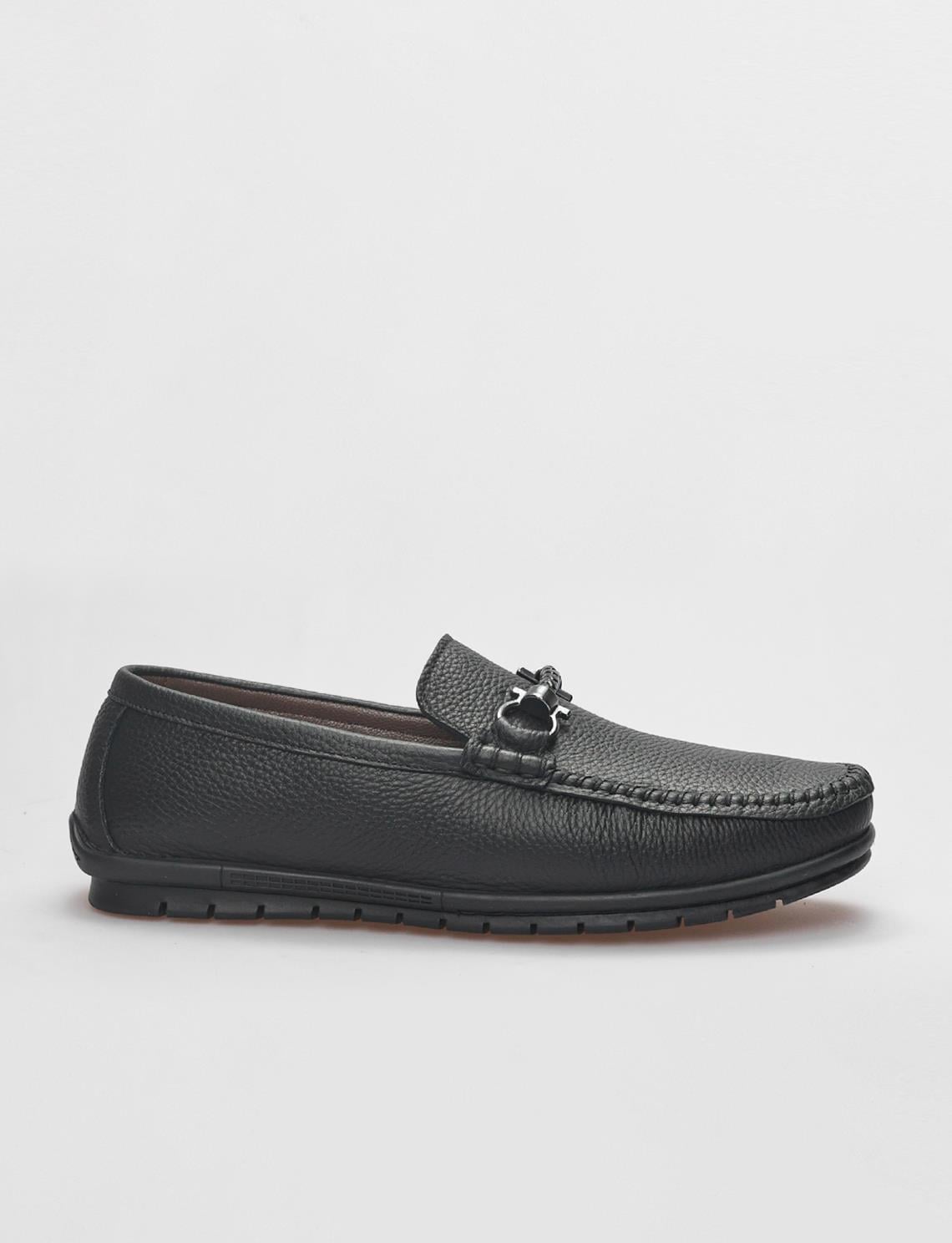 Genuine Leather Black Buckle Men's Loafer