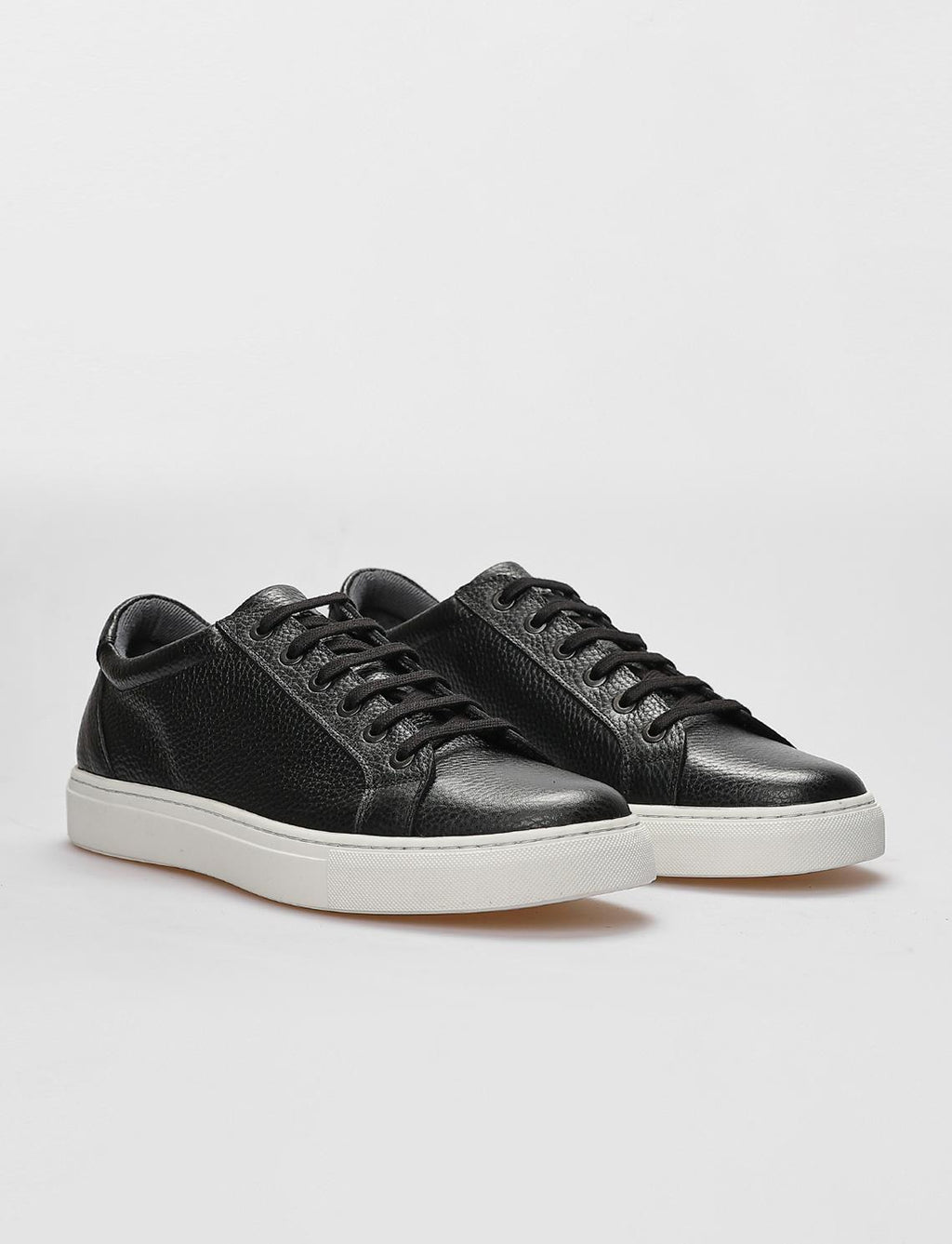 Genuine Leather Textured Black and White Lace-up Men's Athletic Shoes