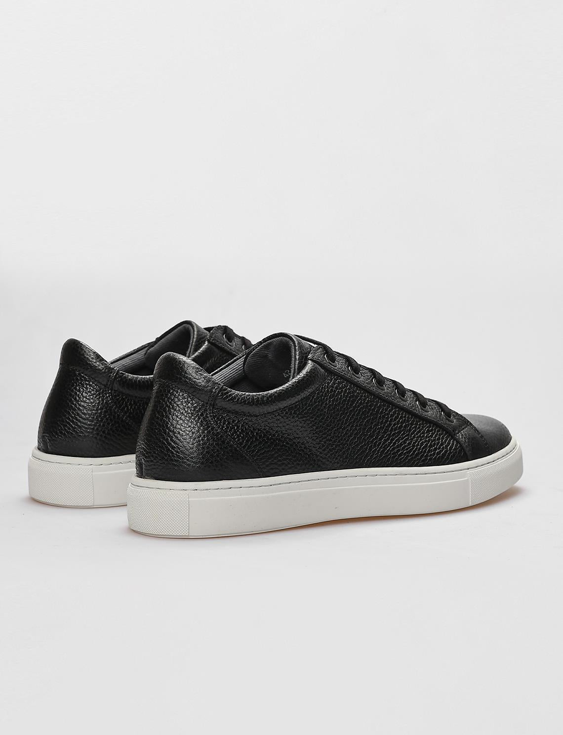Genuine Leather Textured Black and White Lace-up Men's Athletic Shoes