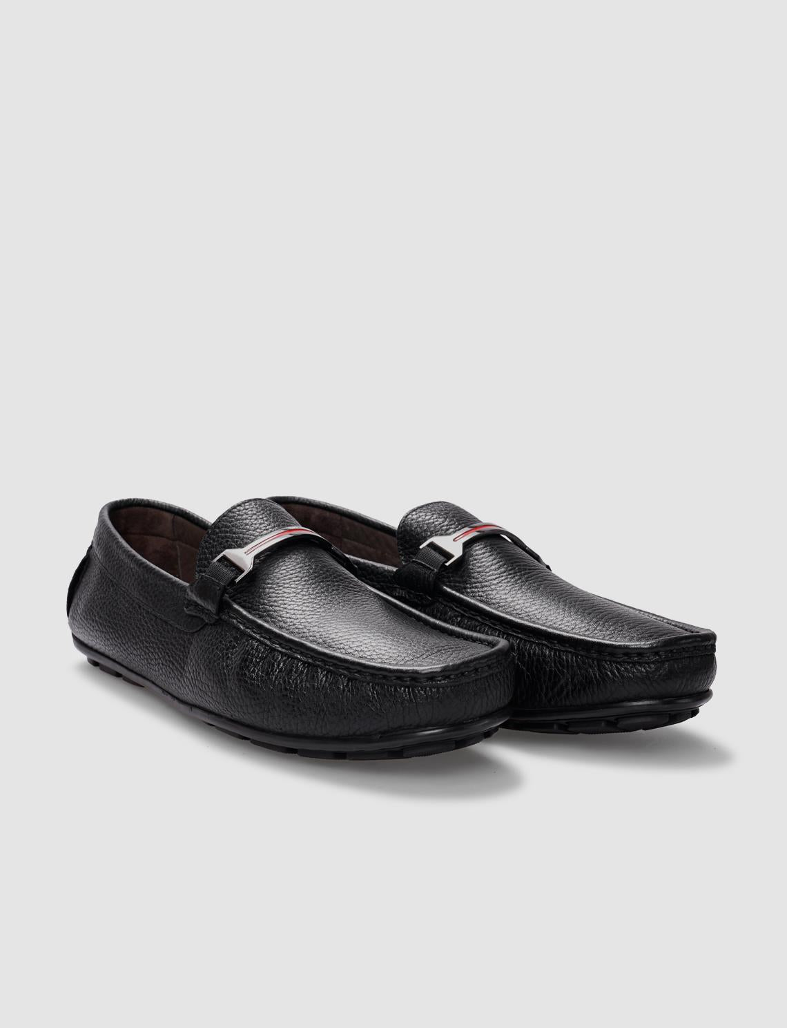 Genuine Leather Black Buckle Men's Loafer