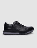 Genuine Leather Black Lace-up Men's Athletic Shoes with Grey Sole