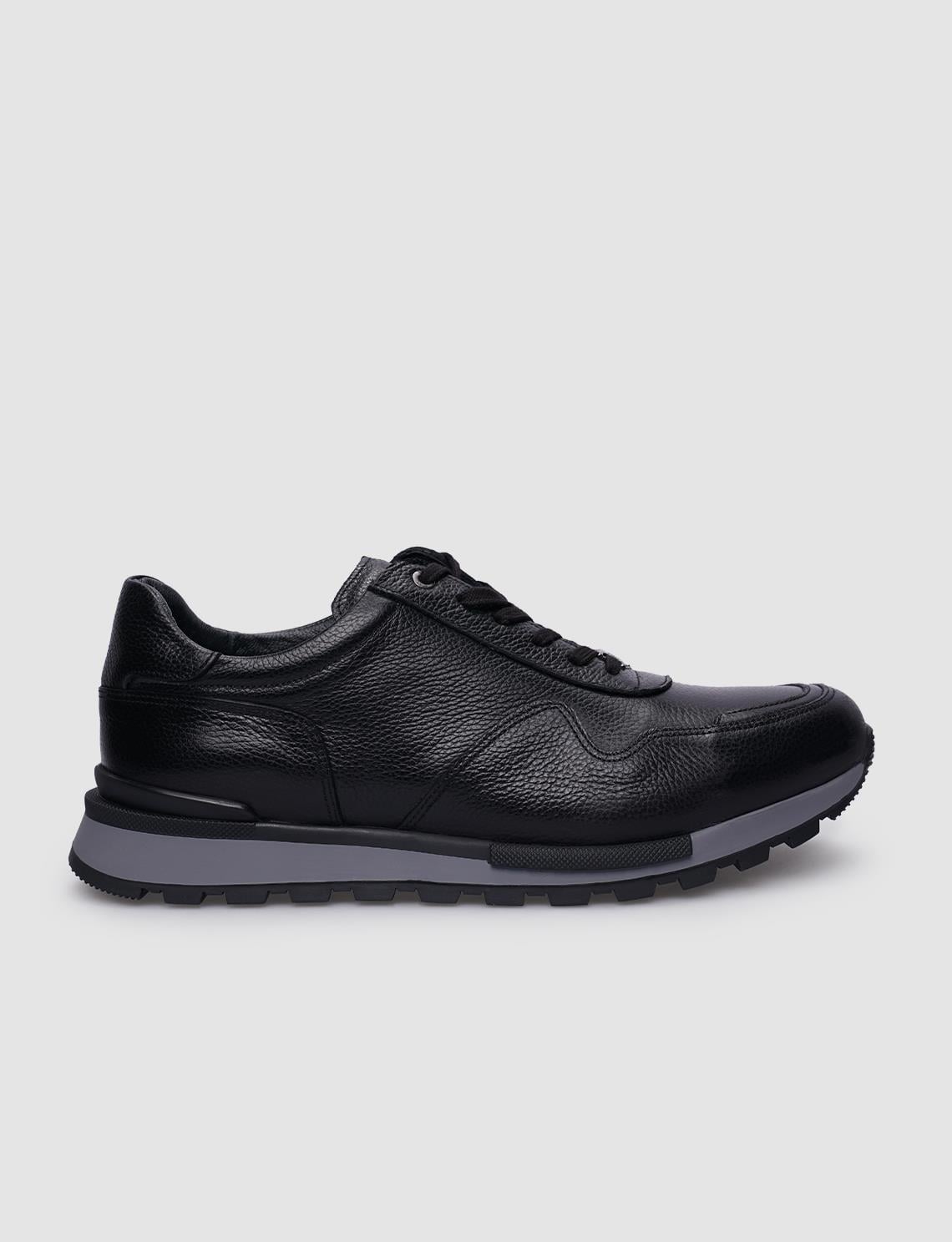 Genuine Leather Black Lace-up Men's Athletic Shoes with Grey Sole