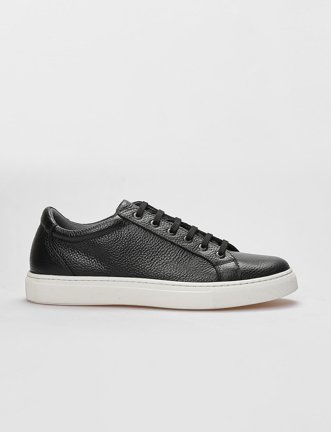Genuine Leather Textured Black and White Lace-up Men's Athletic Shoes