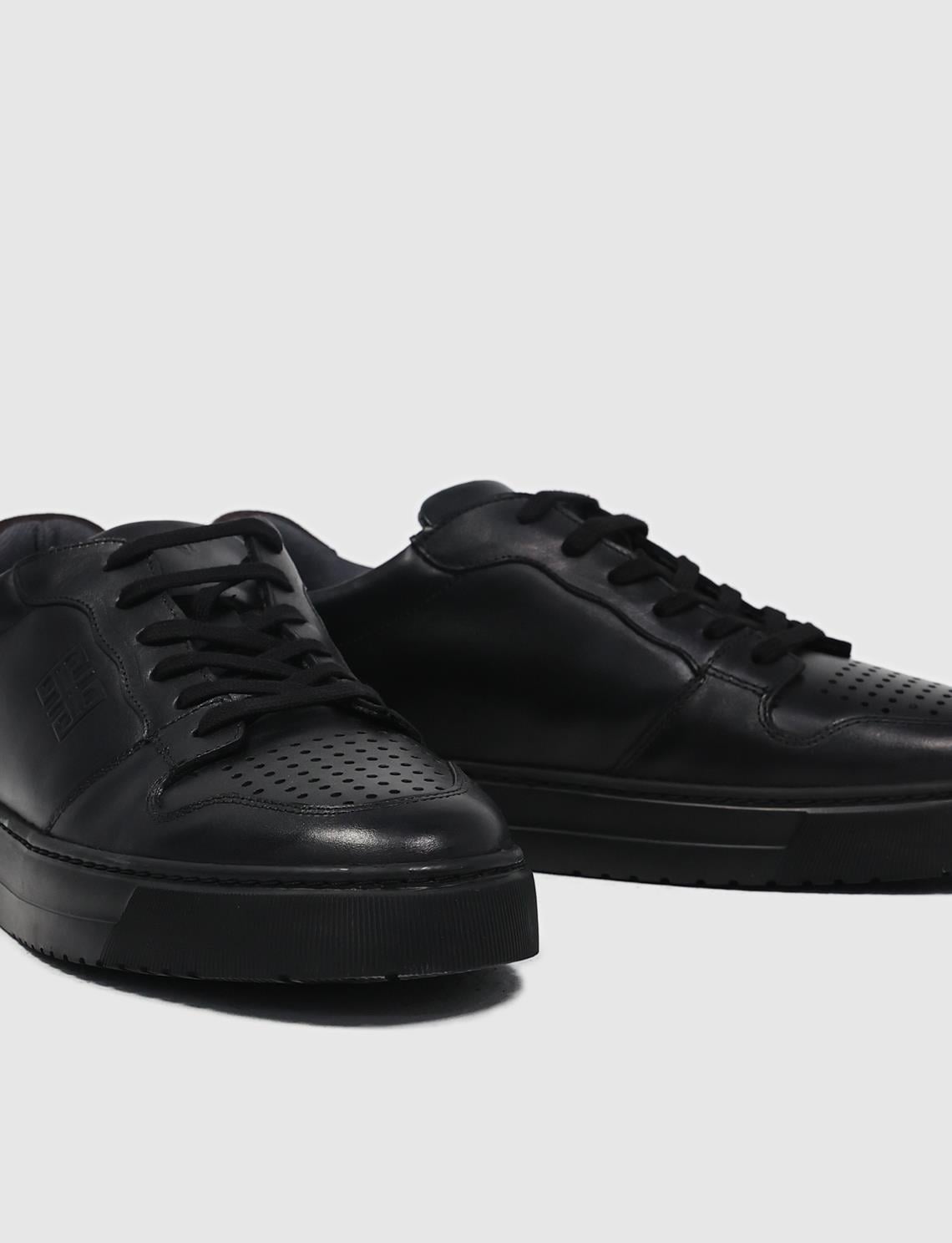 Genuine Leather Black Lace-up Men's Athletic Shoes