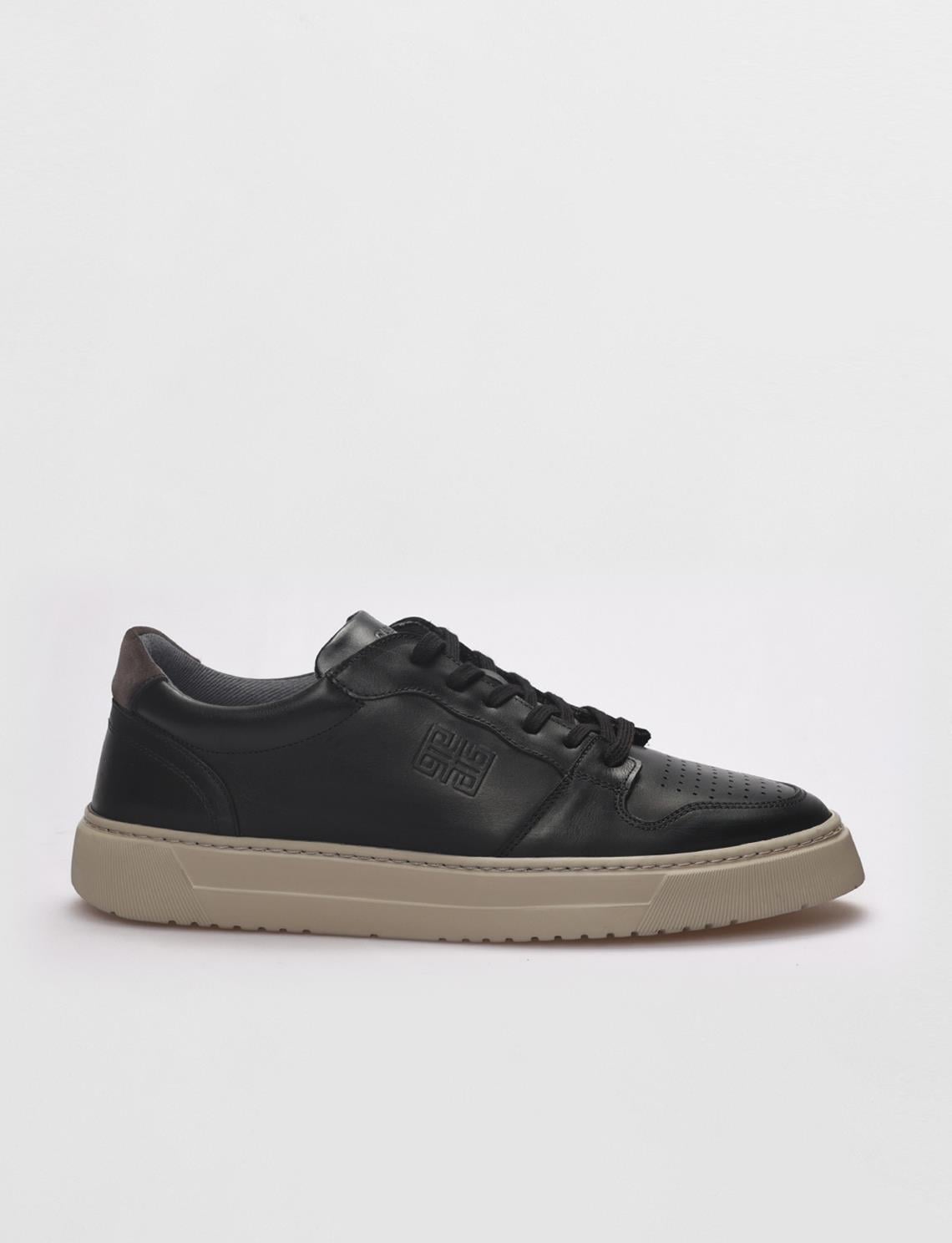 Genuine Leather Black-Beige Lace-up Men's Athletic Shoes (121565-1718)