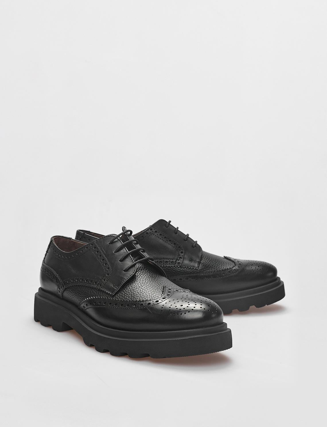 Genuine Leather Textured Black Lace-up Men's Casual Shoes