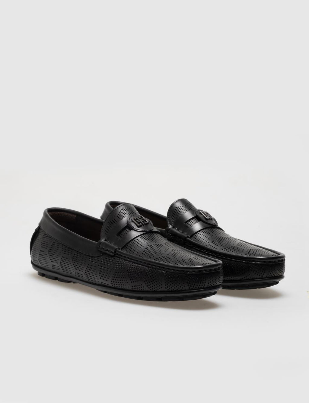 Genuine Leather Black Patterned Buckle Men's Laceless Loafer