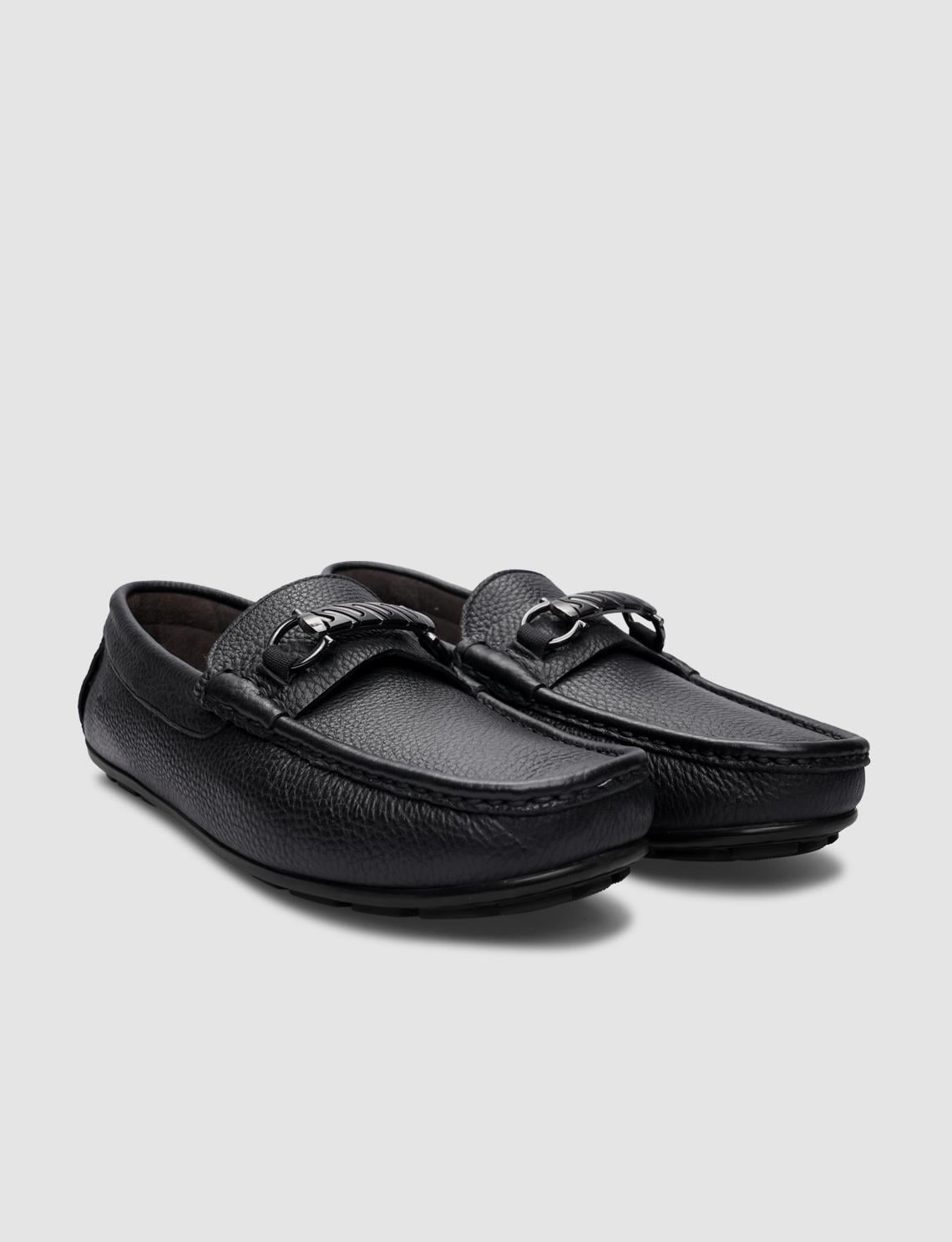 100% Genuine Leather Black Buckle Men's Loafer