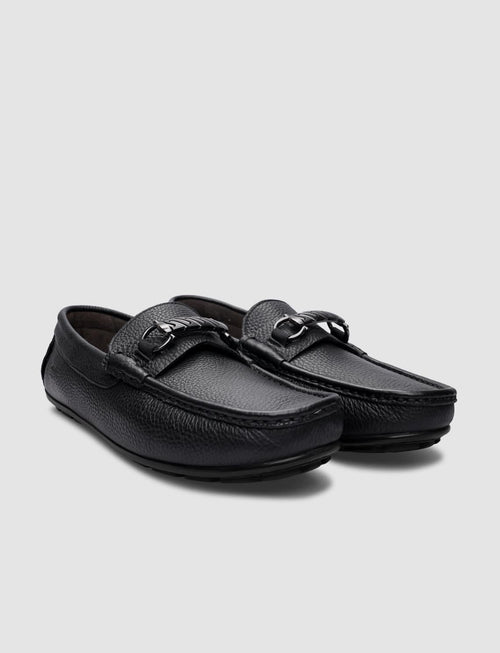 100% Genuine Leather Black Buckle Men's Loafer