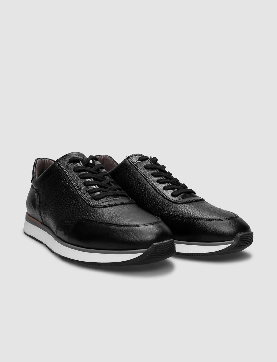 100% Genuine Leather Textured Black Lace-up Men's Athletic Shoes