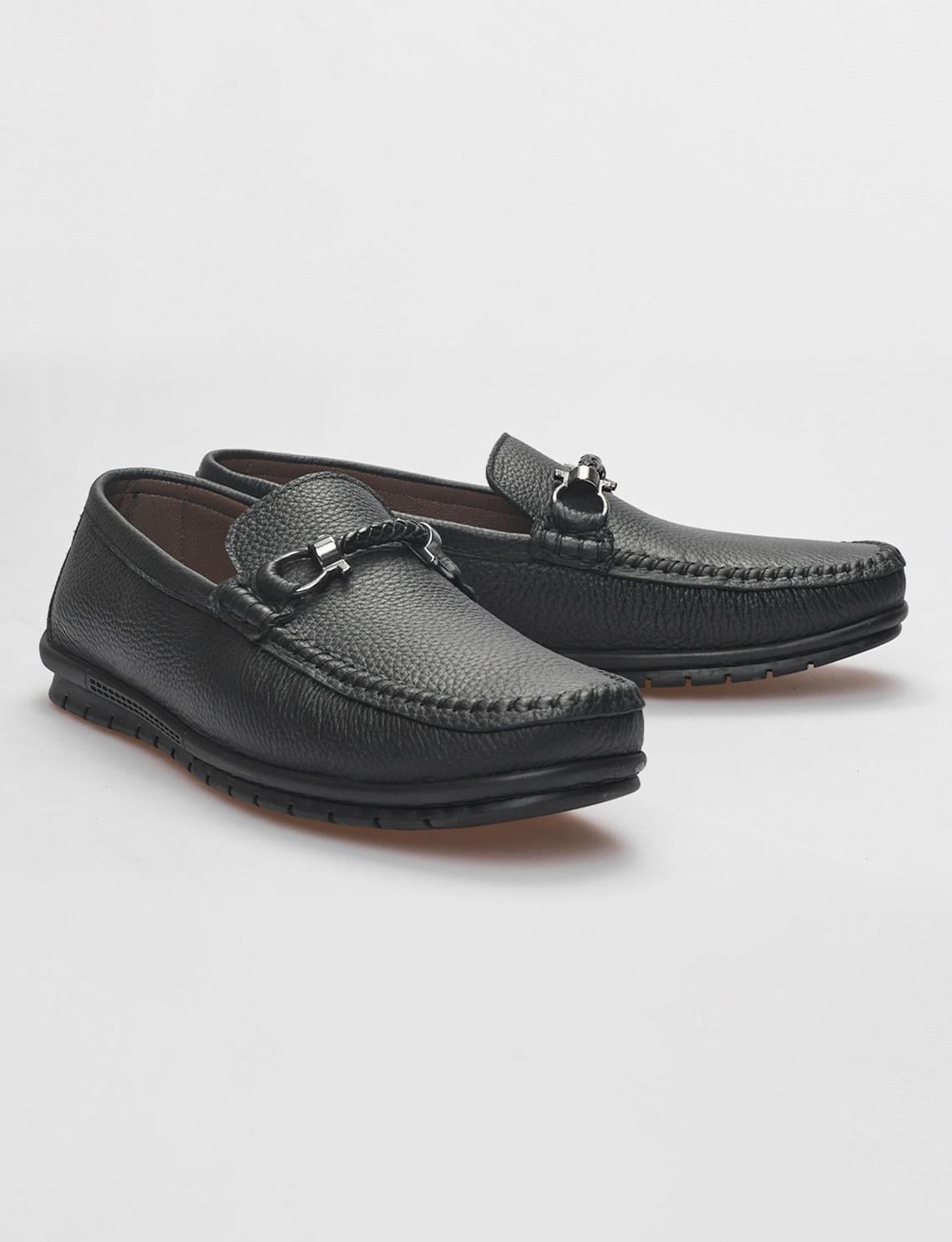 Genuine Leather Black Buckle Men's Loafer