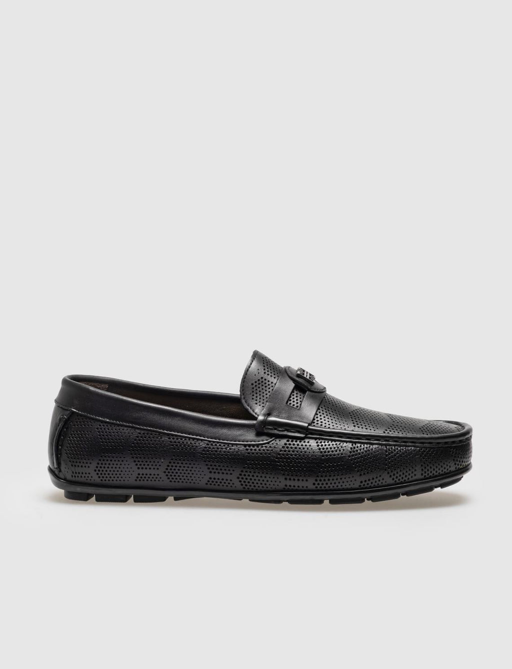 Genuine Leather Black Patterned Buckle Men's Laceless Loafer