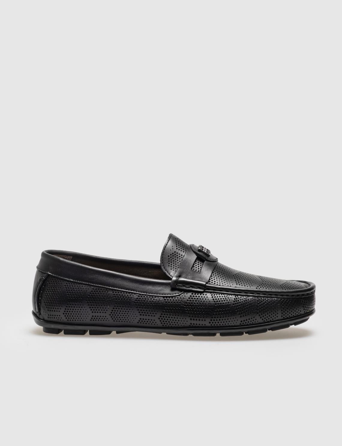 Genuine Leather Black Patterned Buckle Men's Laceless Loafer