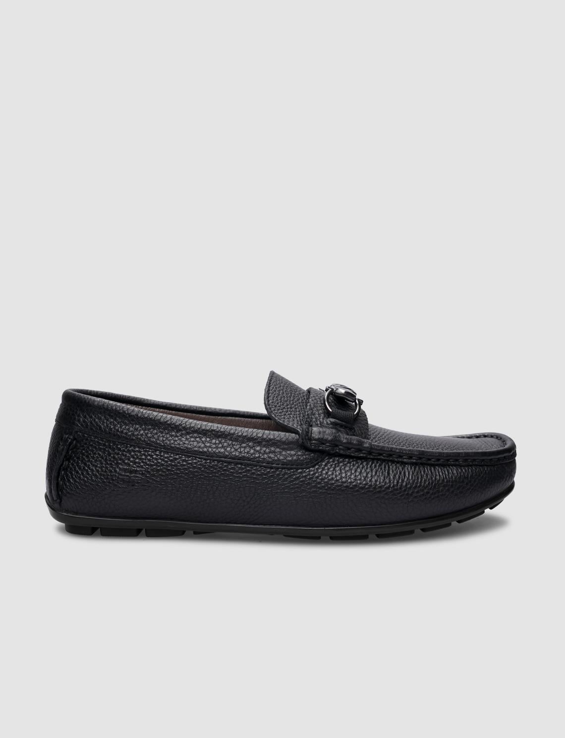 100% Genuine Leather Black Buckle Men's Loafer