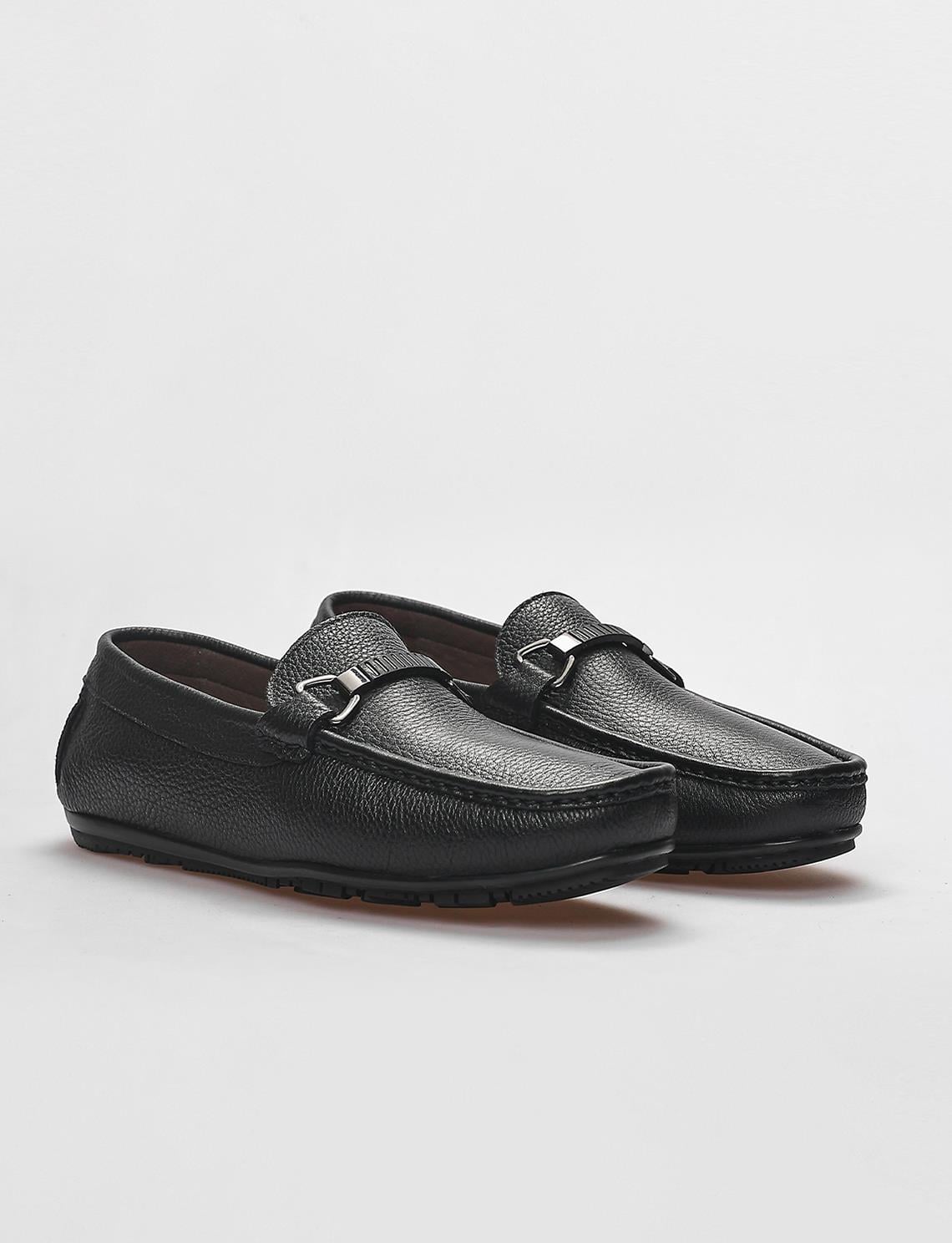 Genuine Leather Black Men's Loafer with Buckle Detail