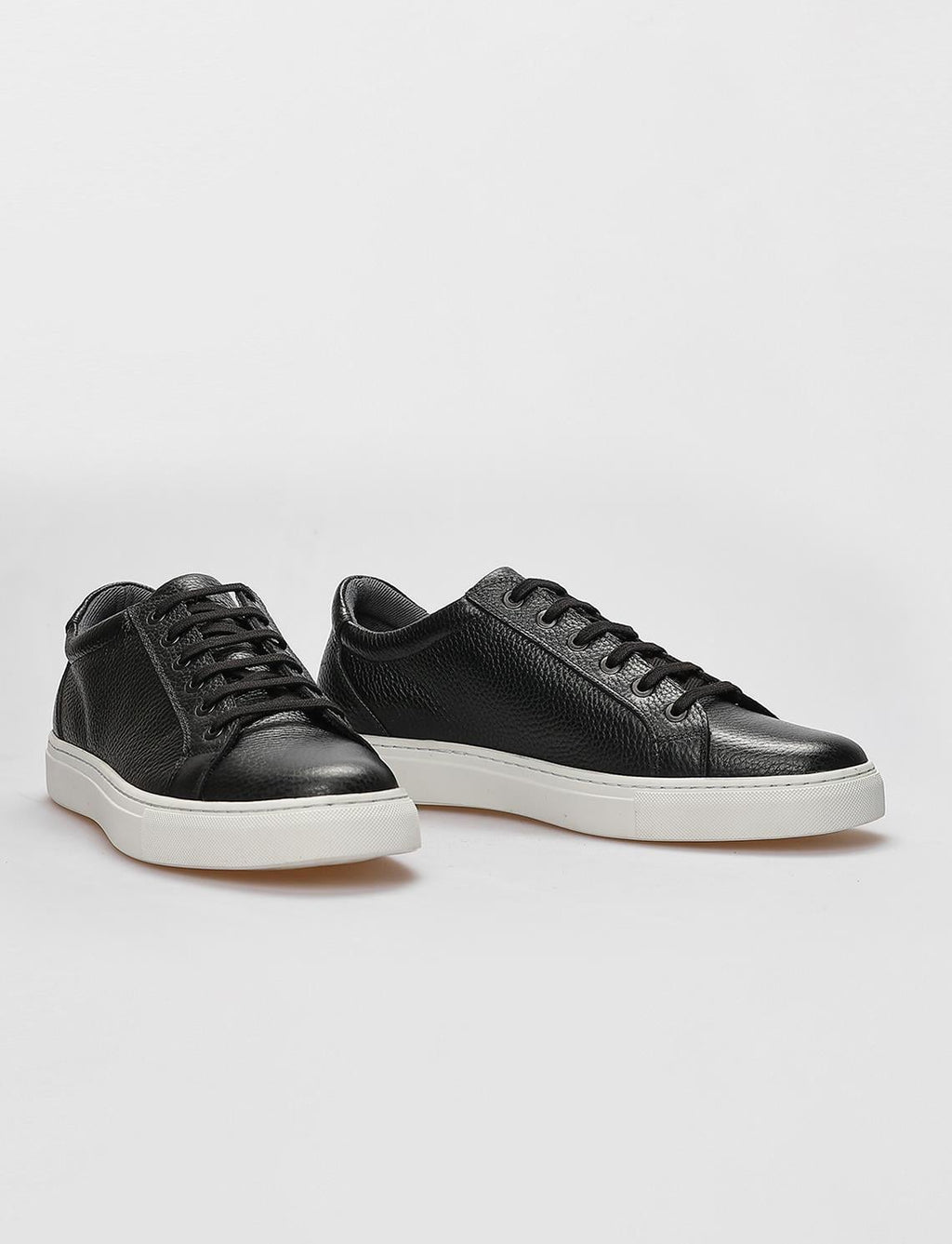 Genuine Leather Textured Black and White Lace-up Men's Athletic Shoes