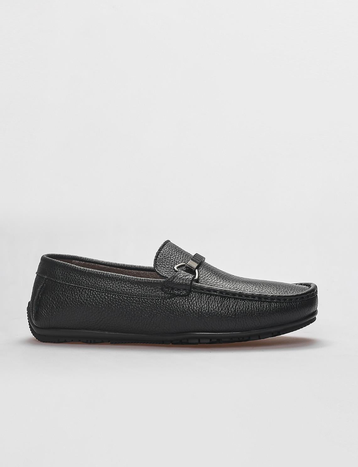 Genuine Leather Black Men's Loafer with Buckle Detail
