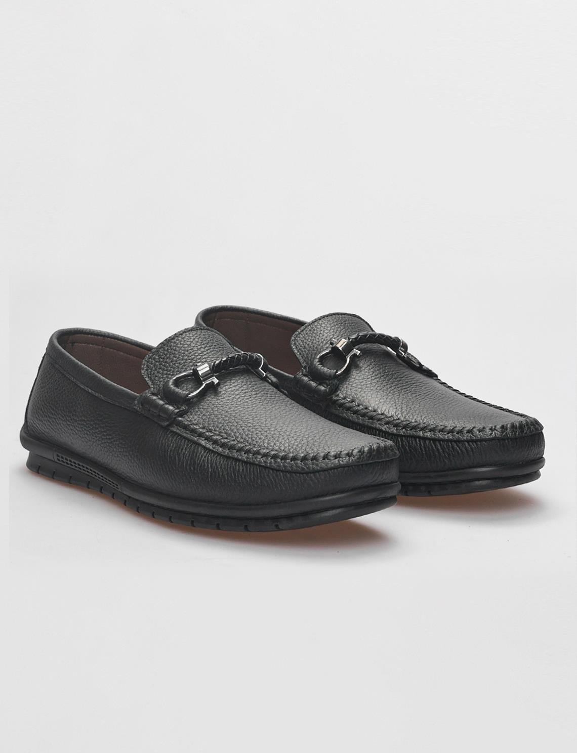 Genuine Leather Black Buckle Men's Loafer
