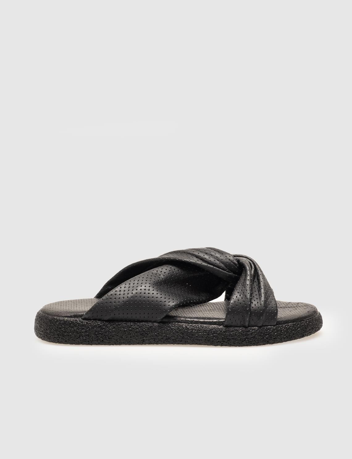 Genuine Leather Black Women's Flat Slippers