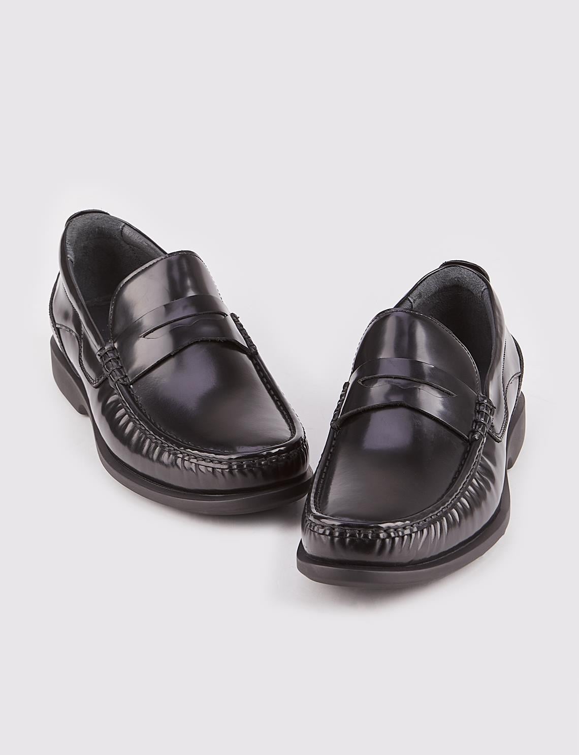 Genuine Leather Black Men's Casual Shoes with Non-Slip Rubber Sole