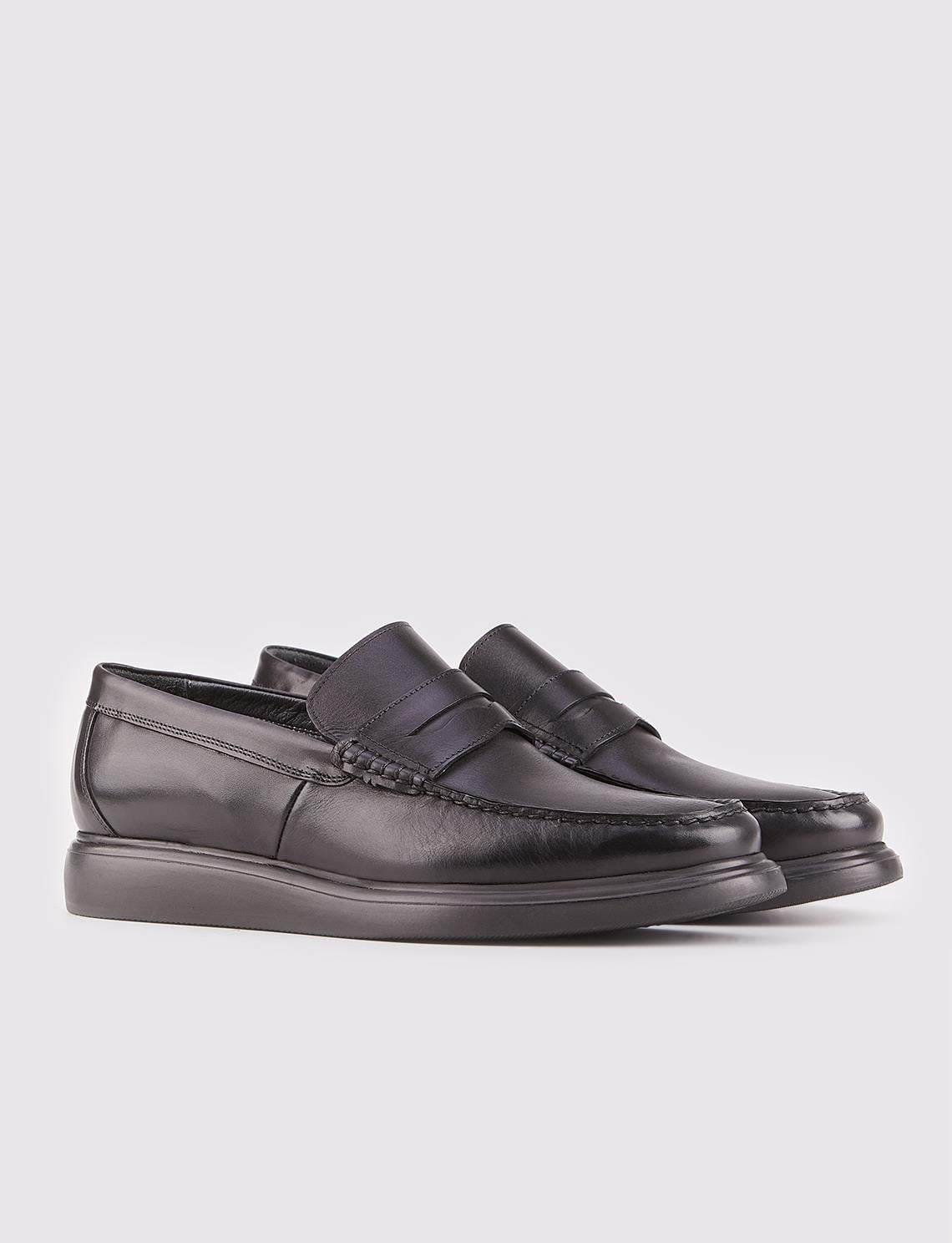 Genuine Leather Black Belted Men's Casual Loafer Shoes