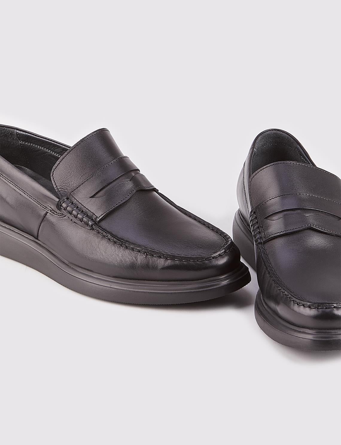 Genuine Leather Black Belted Men's Casual Loafer Shoes