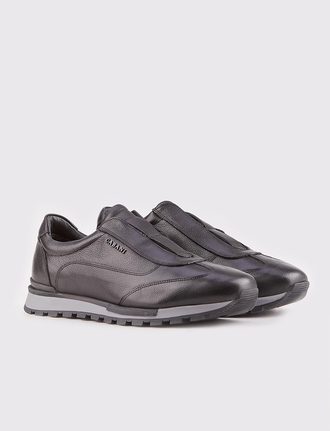 Genuine Leather Black Fur-Lined Laceless Men's Athletic Shoes