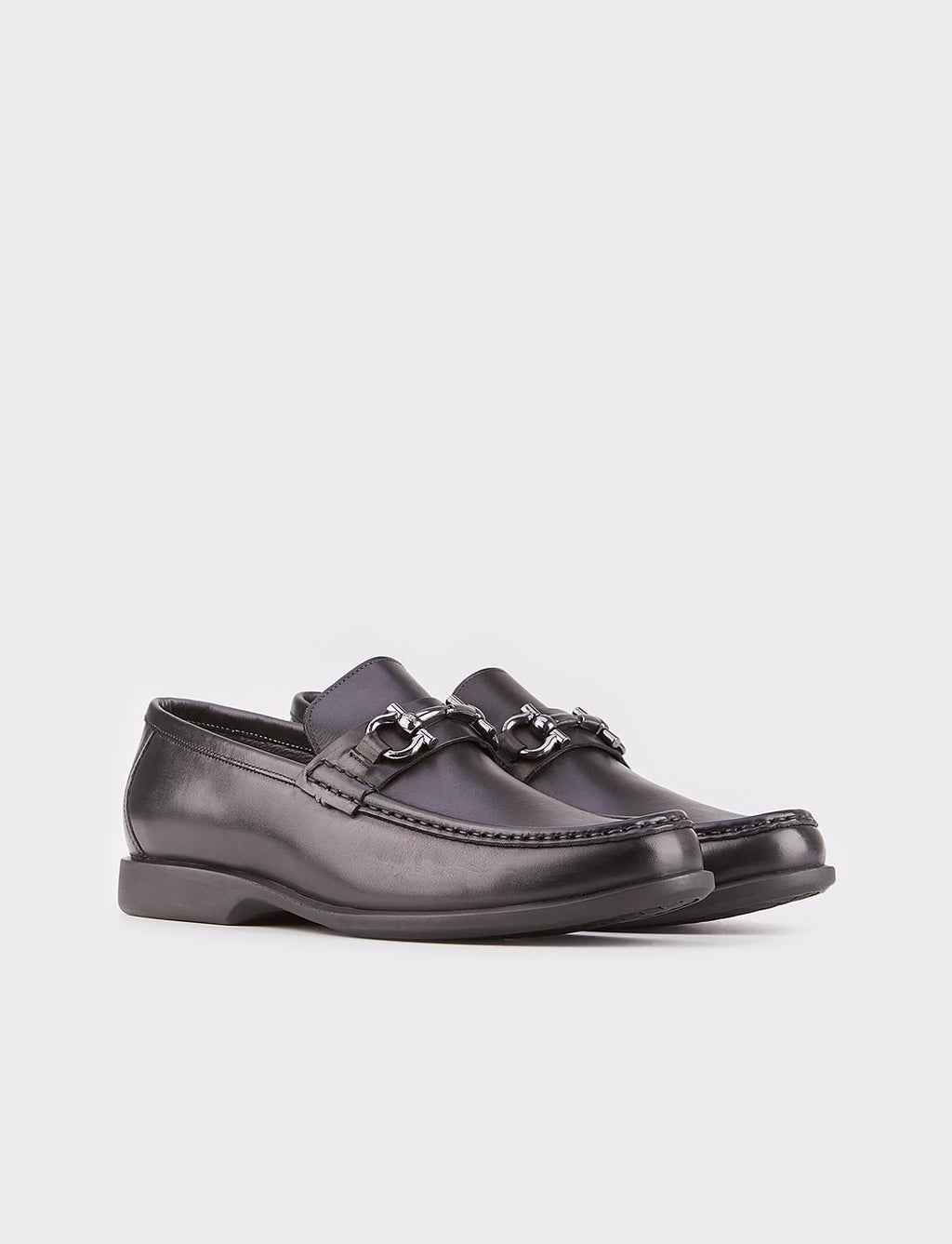 Genuine Leather Black Buckle Detail Men's Casual Shoes