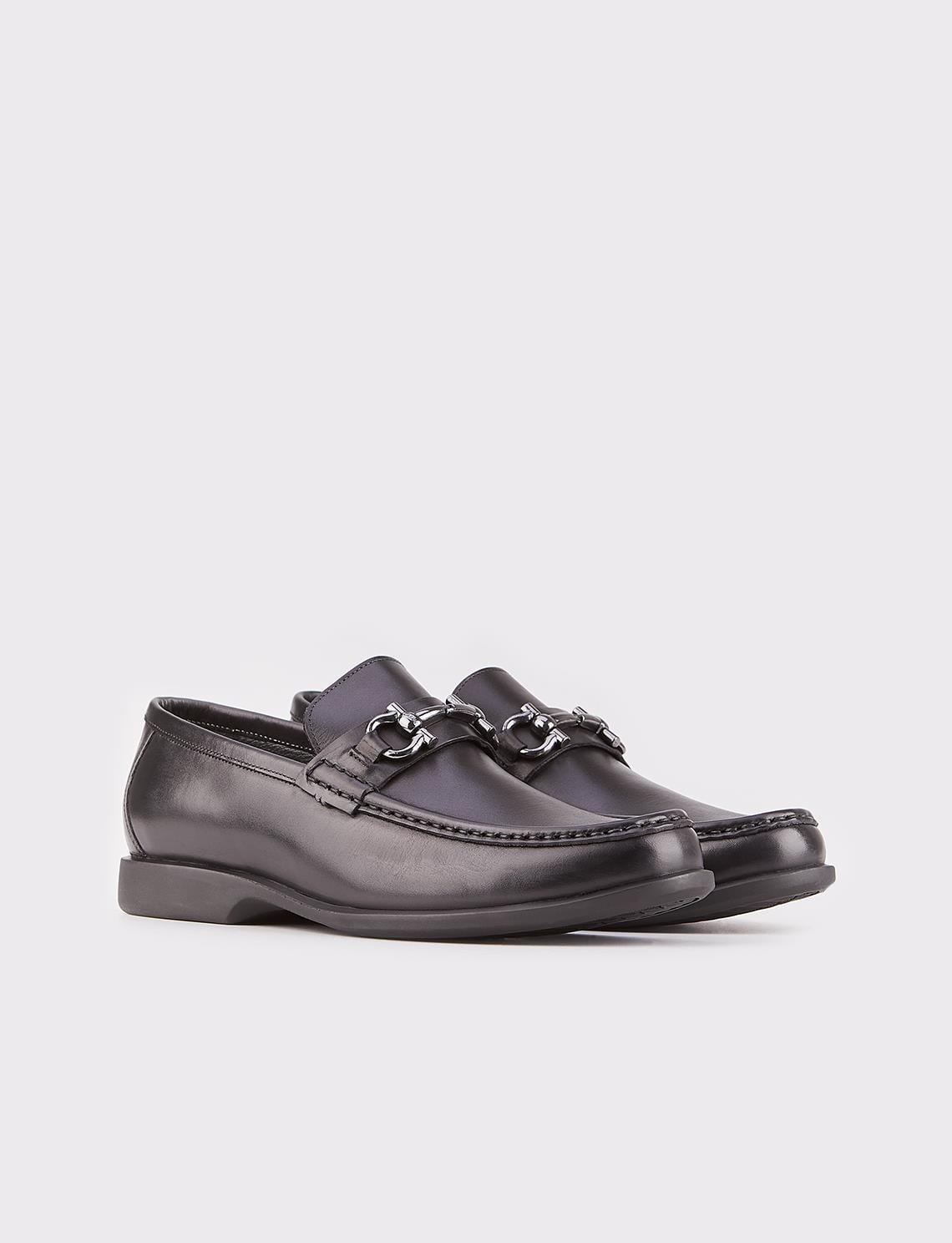 Genuine Leather Black Buckle Detail Men's Casual Shoes