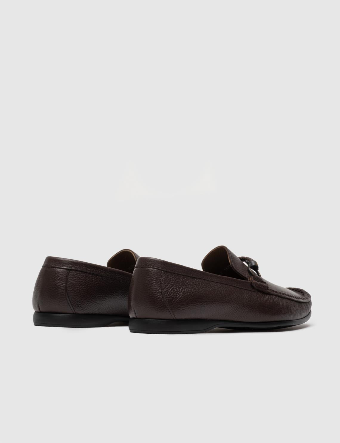 Genuine Leather Brown Men's Loafer Shoes with Buckle Detail