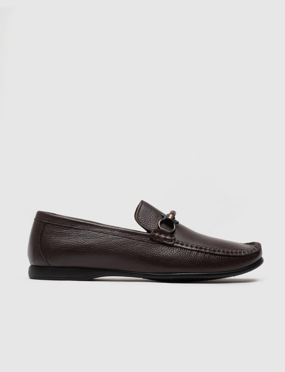 Genuine Leather Brown Men's Loafer Shoes with Buckle Detail