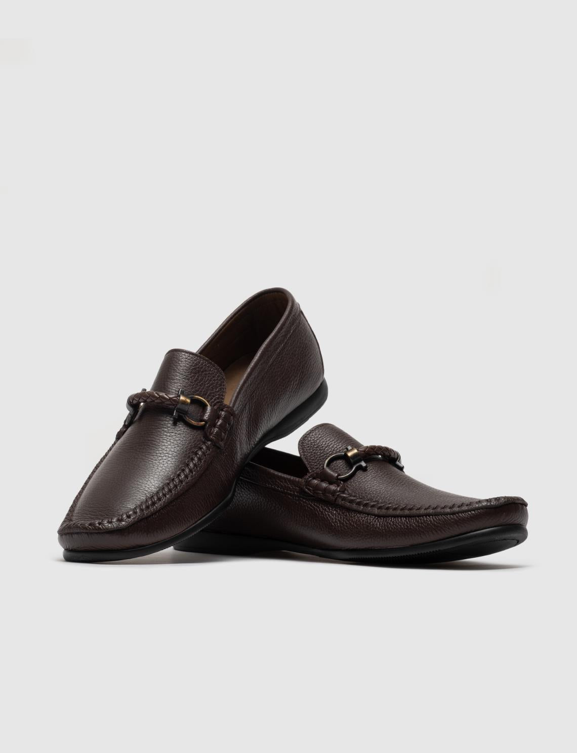 Genuine Leather Brown Men's Loafer Shoes with Buckle Detail