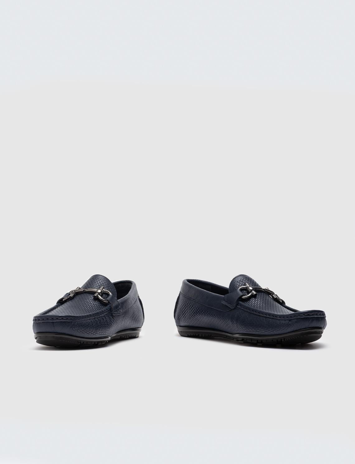 Genuine Leather Men's Loafer with Buckle Detail in Navy Blue