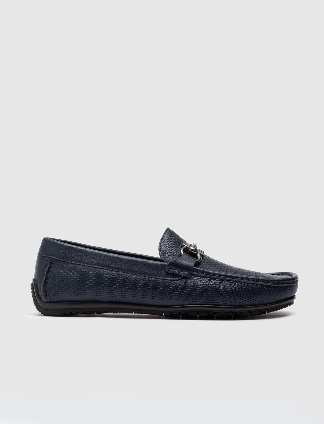 Genuine Leather Men's Loafer with Buckle Detail in Navy Blue