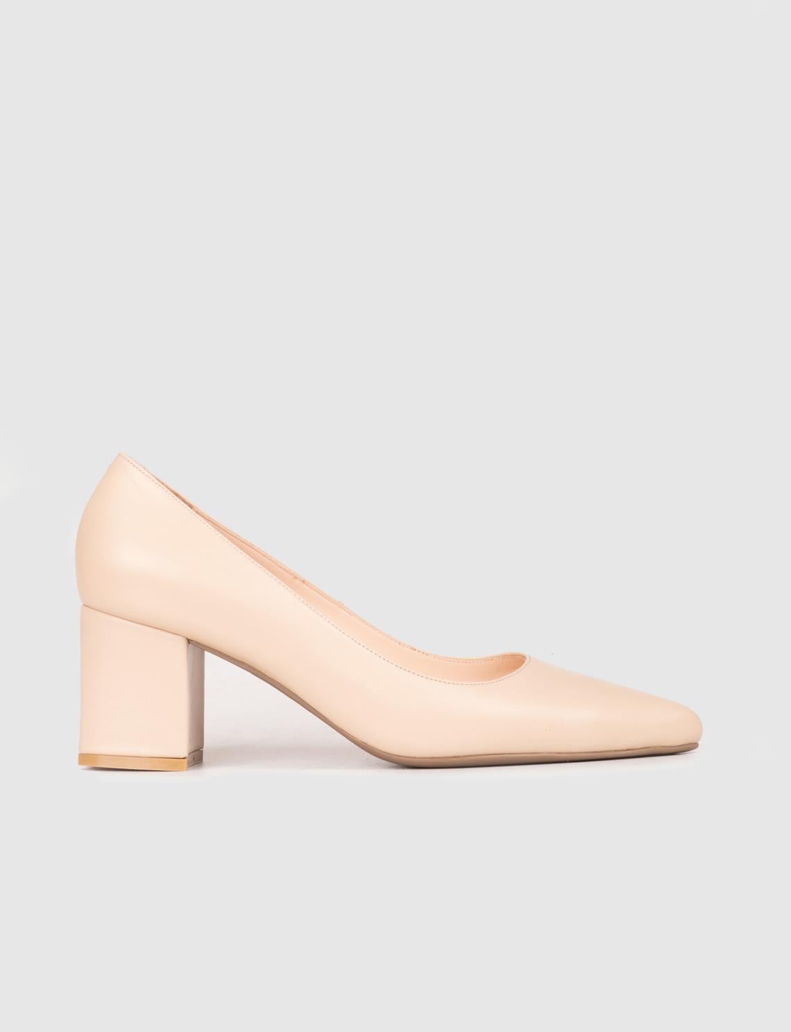 Women's Genuine Leather Beige Chunky Heel Shoes
