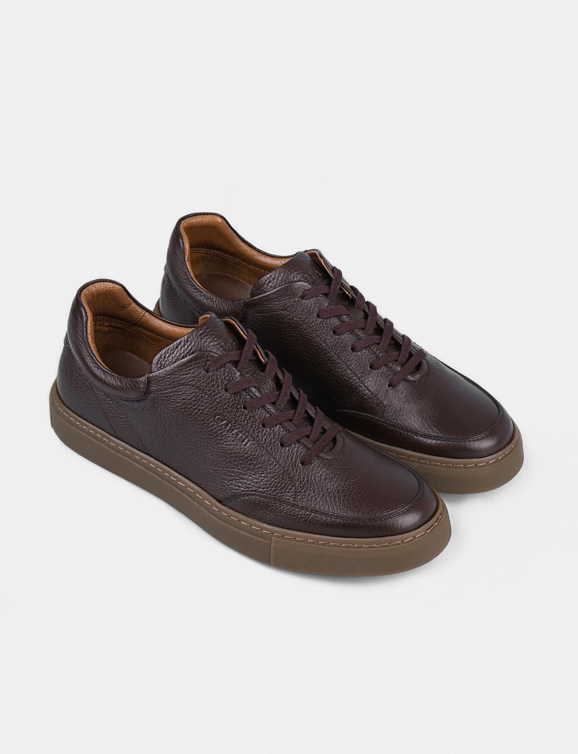 Genuine Leather Brown Lace-up Men's Athletic Shoes with Rubber Sole