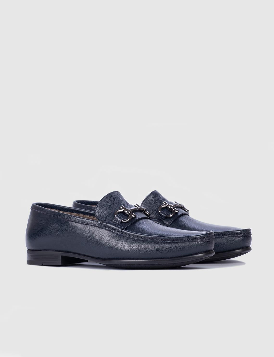Genuine Leather Navy Blue Men's Loafer Shoes with Rubber Sole