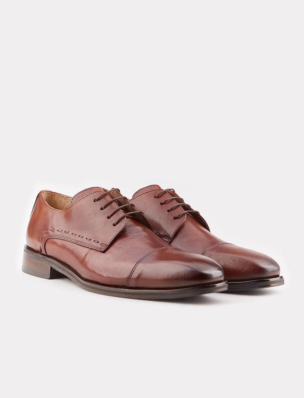 Genuine Leather Men's Classic Shoes with Rubber Sole and Tan Lace-up