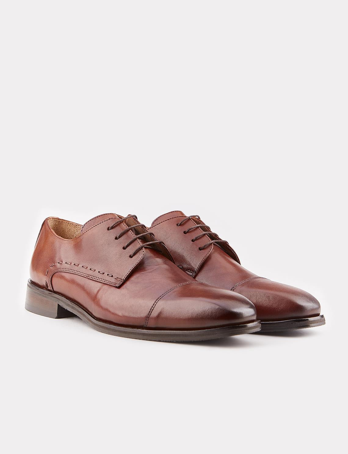 Genuine Leather Men's Classic Shoes with Rubber Sole and Tan Lace-up