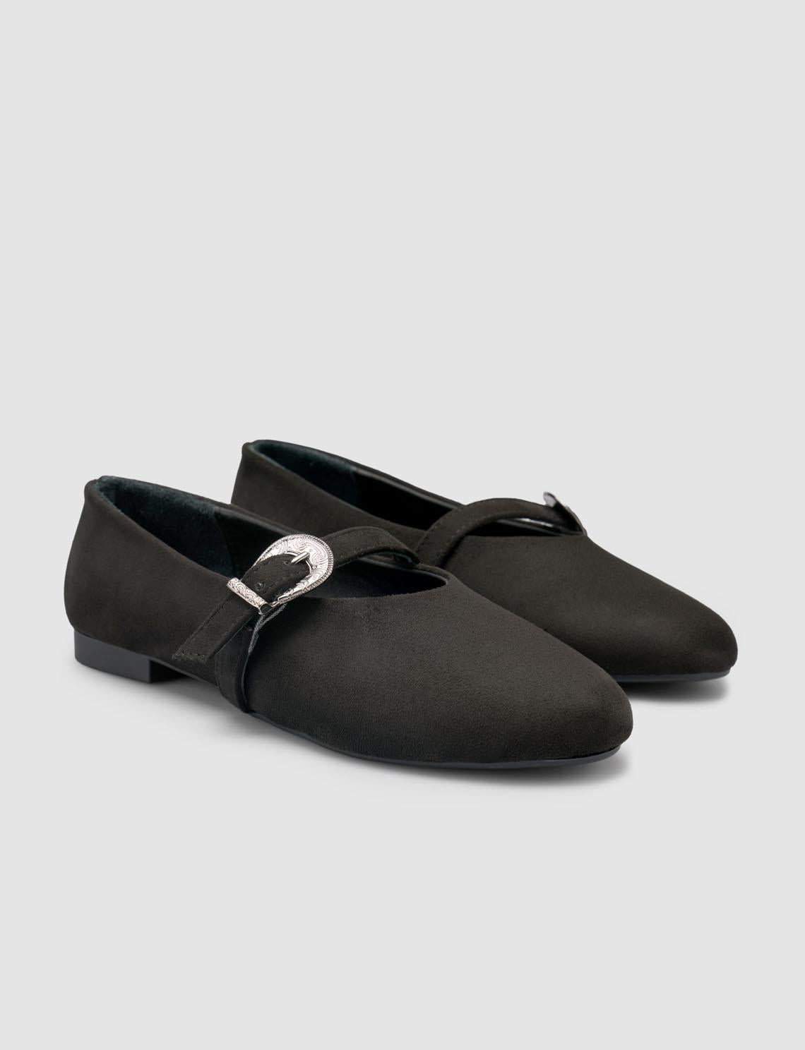 Suede-Look Black Women's Ballet Flats with Buckle Detail