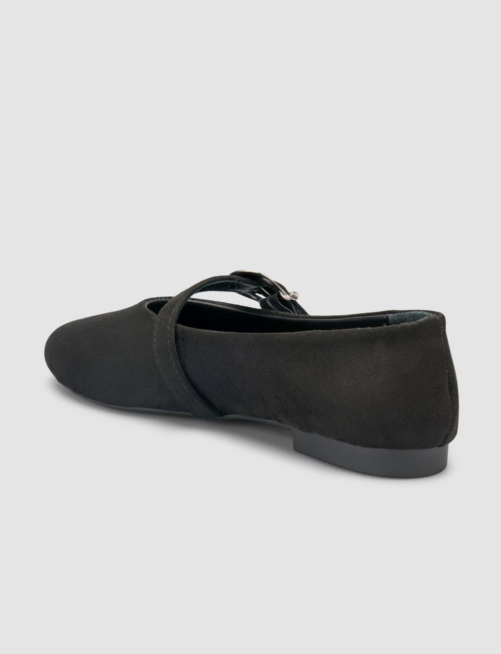 Suede-Look Black Women's Ballet Flats with Buckle Detail